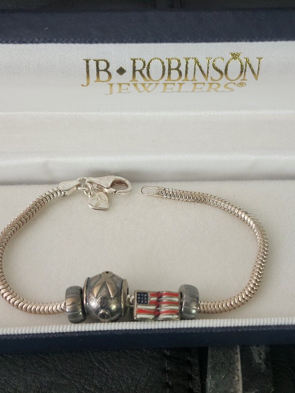 M Milor Sterling Silver American Flag Breast Cancer Charm Bracelet